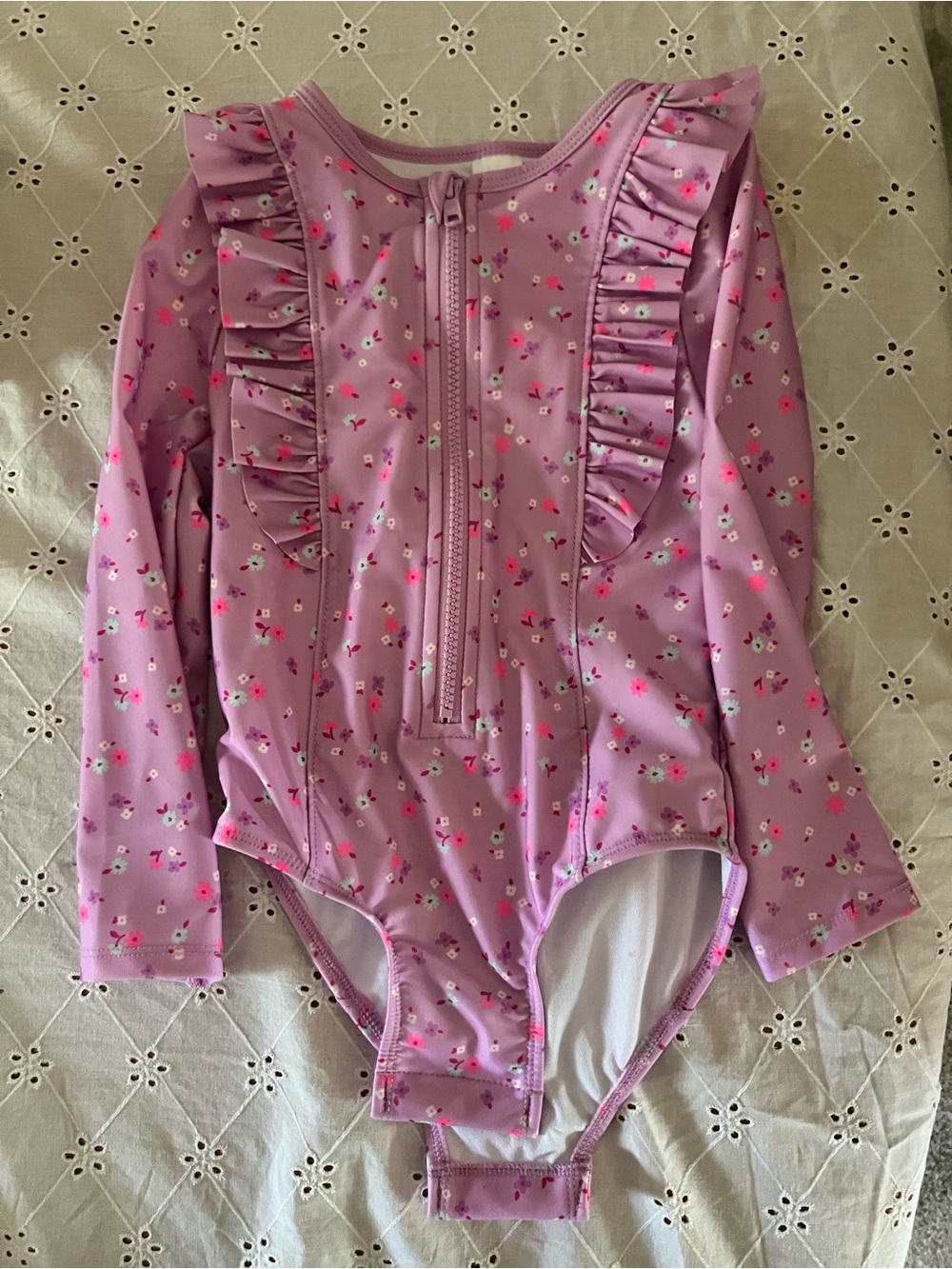 Never worn size 5t Girls' Pink Floral Ruffle Long-Sleeve One-Piece Swimsuit